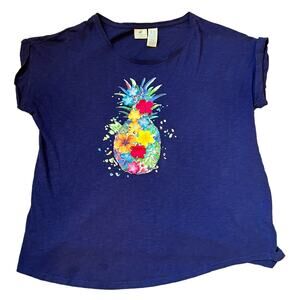 Caribbean Joe T-Shirt Top Women's XL Blue Tropical Pineapple Floral Bright Beach